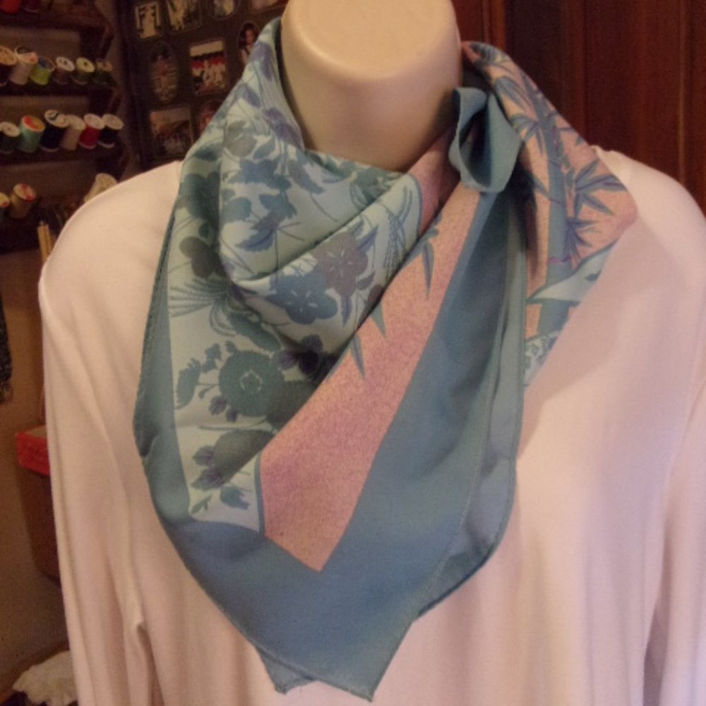 Vintage Sally Gee Blue Pink Scarf Japan 26" x 26"